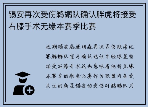 锡安再次受伤鹈鹕队确认胖虎将接受右膝手术无缘本赛季比赛